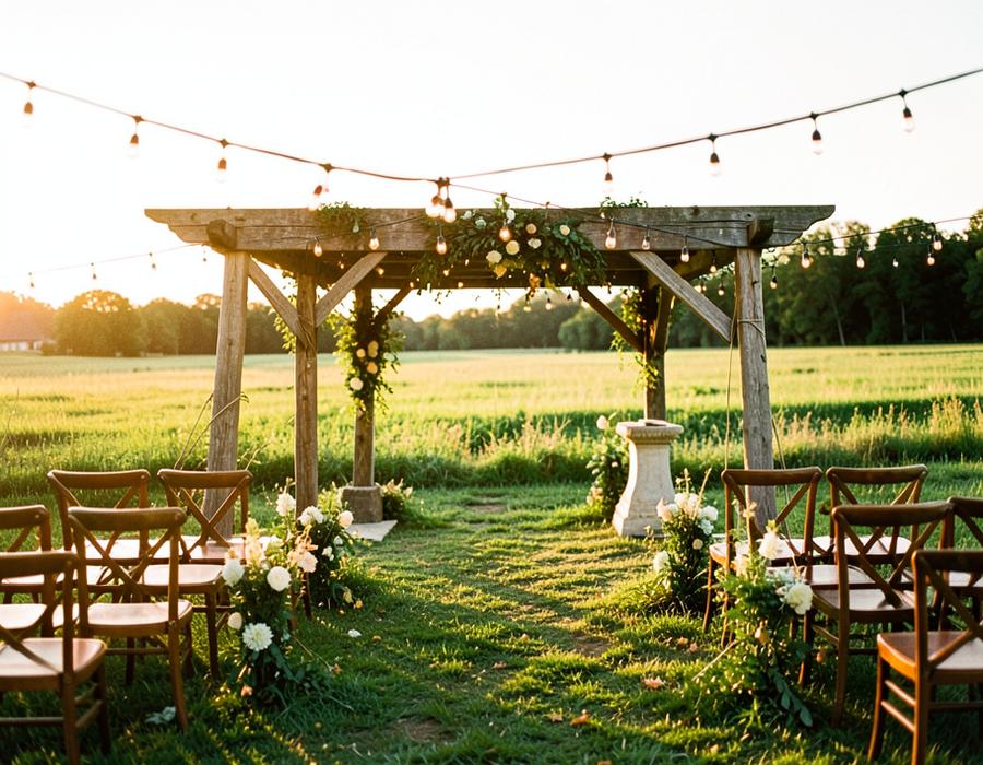 Espaço rural para eventos ao entardecer