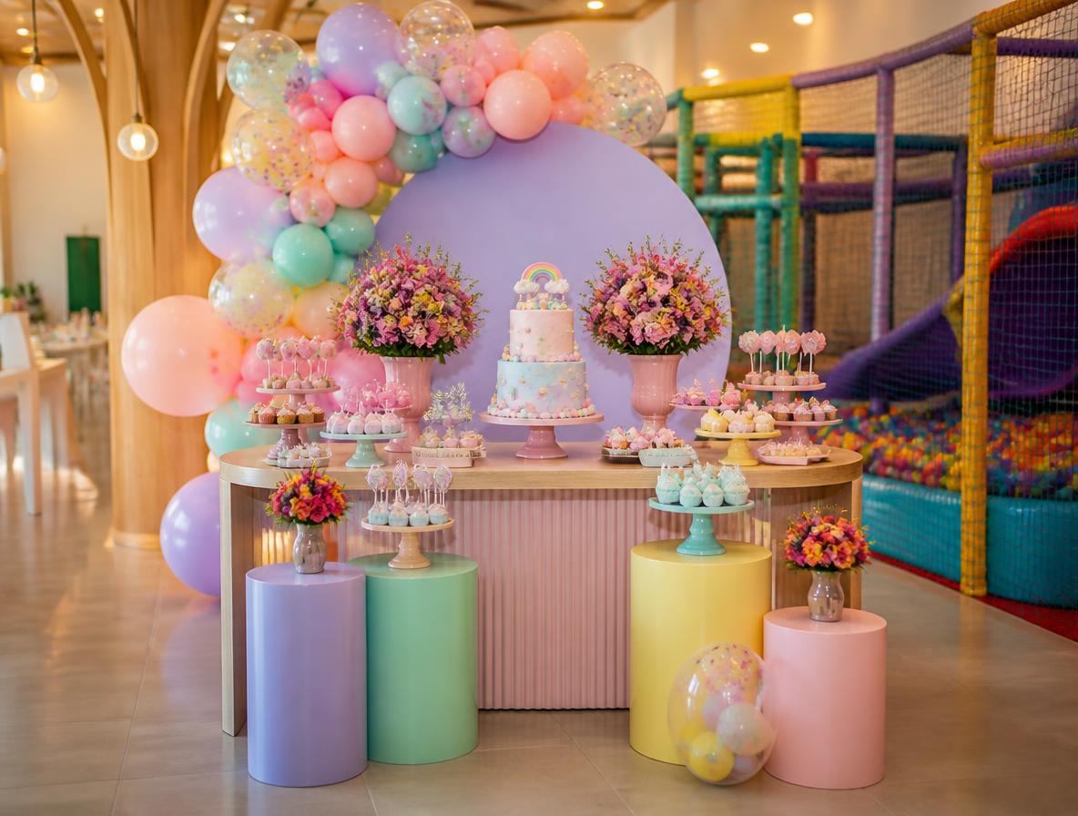 Mesa de bolo e doces colorida em salão de buffet infantil, com brinquedos ao fundo
